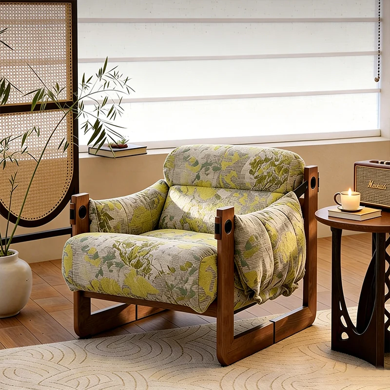 Vintage Ash Wood Jacquard Lounge Chair - Plush Down & Fiber-Filled Accent Armchair For Living Room