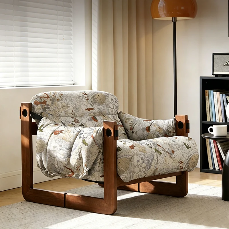 Vintage Ash Wood Jacquard Lounge Chair - Plush Down & Fiber-Filled Accent Armchair For Living Room