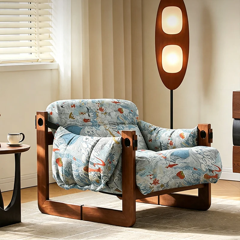 Vintage Ash Wood Jacquard Lounge Chair - Plush Down & Fiber-Filled Accent Armchair For Living Room