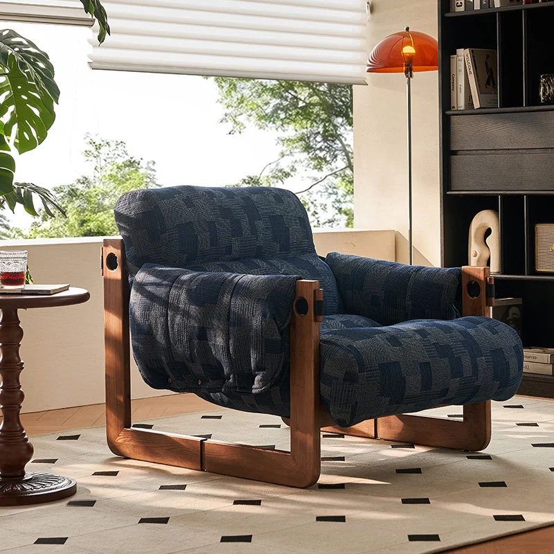 Vintage Ash Wood Jacquard Lounge Chair - Plush Down & Fiber-Filled Accent Armchair For Living Room