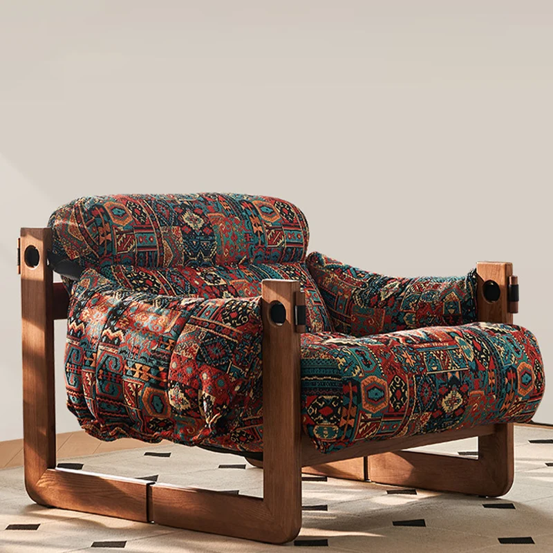 Vintage Ash Wood Jacquard Lounge Chair - Plush Down & Fiber-Filled Accent Armchair For Living Room