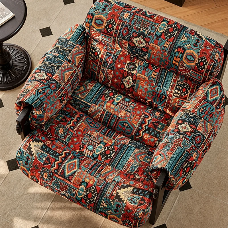 Vintage Ash Wood Jacquard Lounge Chair - Plush Down & Fiber-Filled Accent Armchair For Living Room