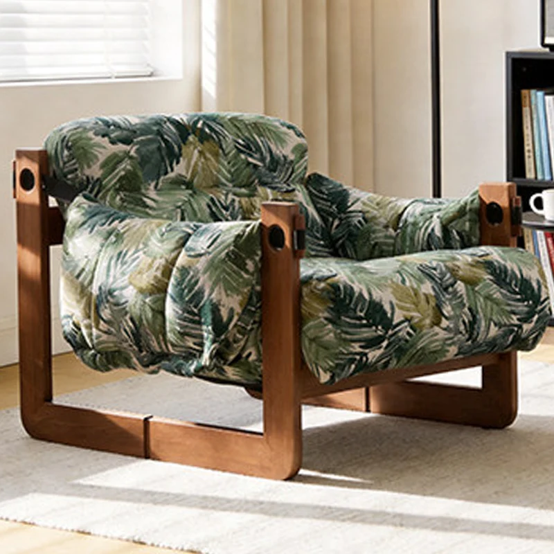 Vintage Ash Wood Jacquard Lounge Chair - Plush Down & Fiber-Filled Accent Armchair For Living Room