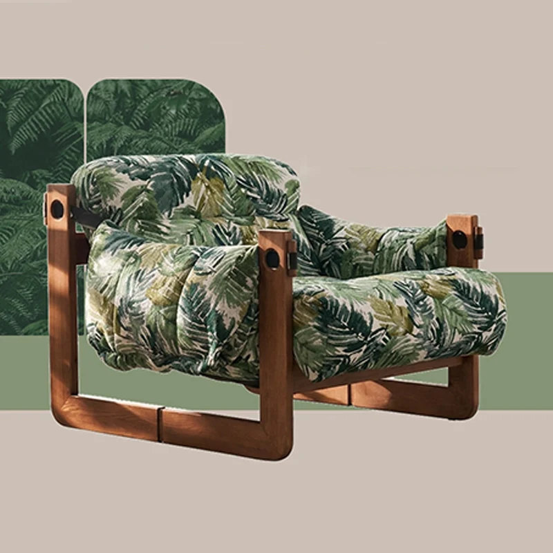 Vintage Ash Wood Jacquard Lounge Chair - Plush Down & Fiber-Filled Accent Armchair For Living Room