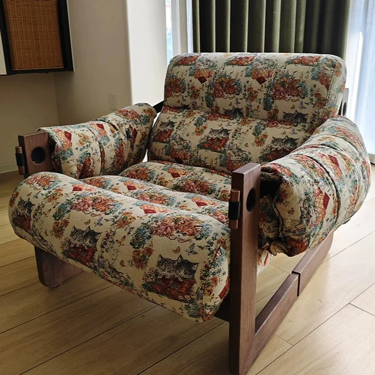 Vintage Ash Wood Jacquard Lounge Chair - Plush Down & Fiber-Filled Accent Armchair For Living Room