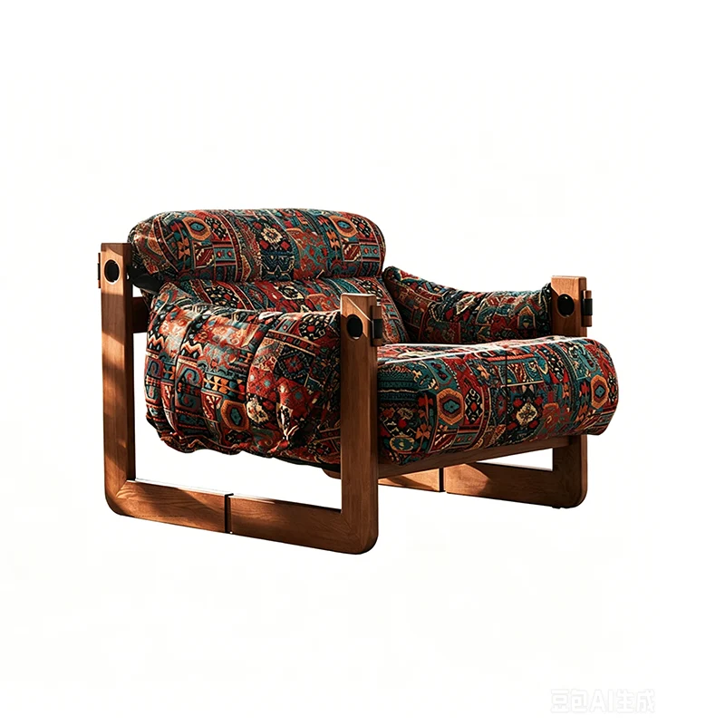 Vintage Ash Wood Jacquard Lounge Chair - Plush Down & Fiber-Filled Accent Armchair For Living Room