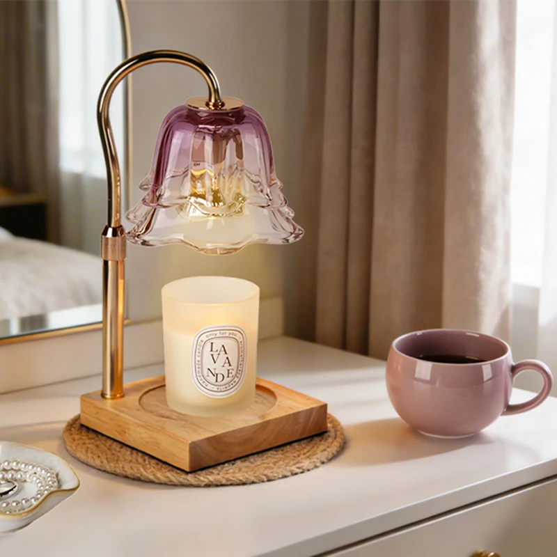 Contemporary Creative Iron Glass Oak Wood Lily Of The Valley Design 1-Light Melting Wax Table Lamp For Bedroom