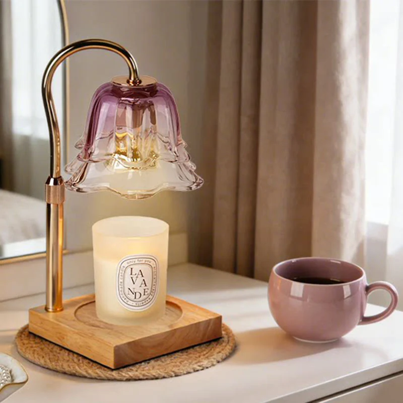 Contemporary Creative Iron Glass Oak Wood Lily Of The Valley Design 1-Light Melting Wax Table Lamp For Bedroom
