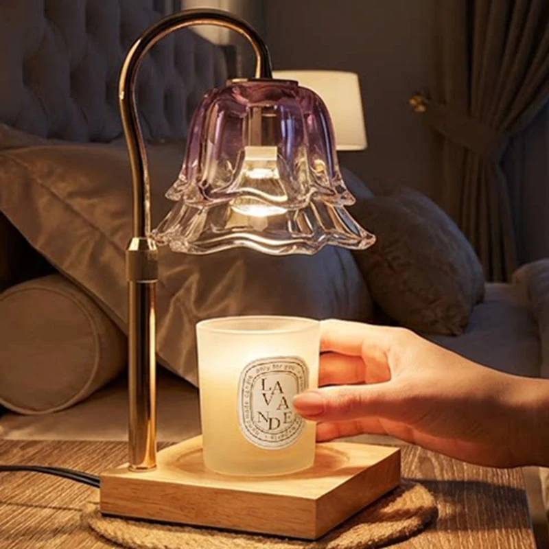 Contemporary Creative Iron Glass Oak Wood Lily Of The Valley Design 1-Light Melting Wax Table Lamp For Bedroom