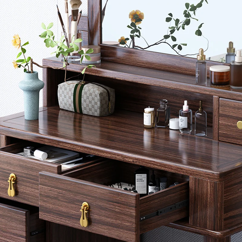 Traditional Chinese Rectangular Round Zebrawood Brass Plywood Glass Extendable Makeup Vanity 6-Drawer For Bedroom