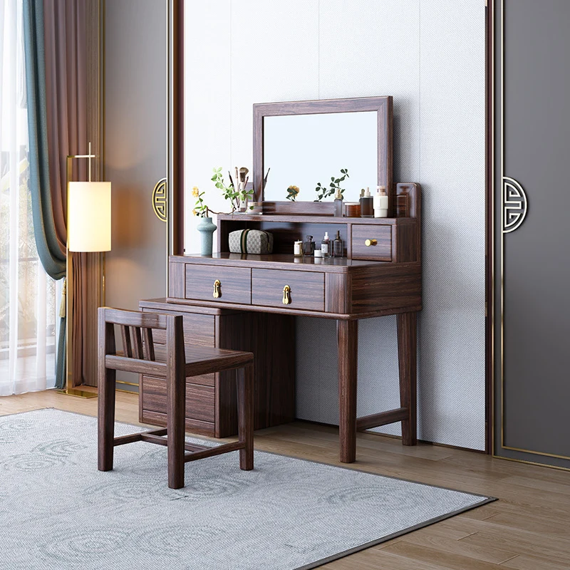 Traditional Chinese Rectangular Round Zebrawood Brass Plywood Glass Extendable Makeup Vanity 6-Drawer For Bedroom