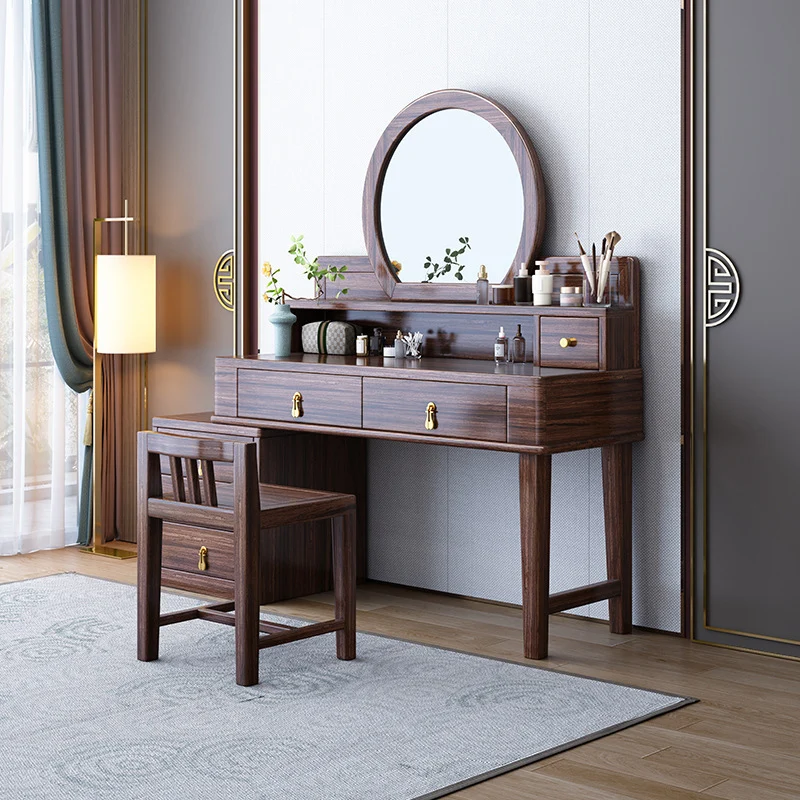 Traditional Chinese Rectangular Round Zebrawood Brass Plywood Glass Extendable Makeup Vanity 6-Drawer For Bedroom