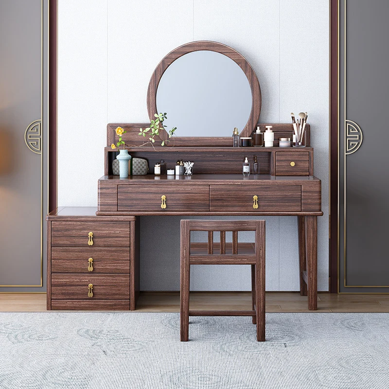 Traditional Chinese Rectangular Round Zebrawood Brass Plywood Glass Extendable Makeup Vanity 6-Drawer For Bedroom