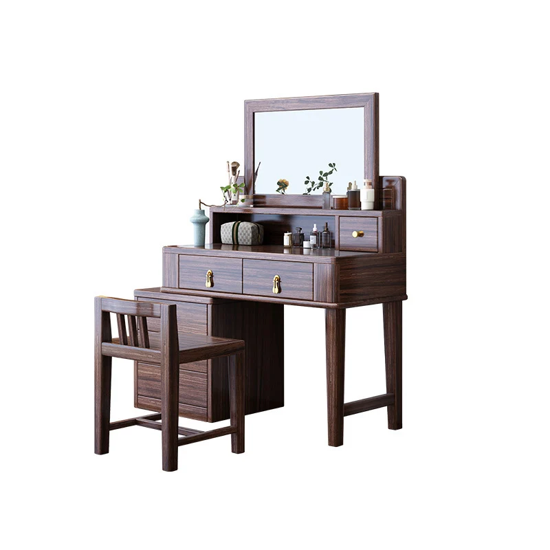Traditional Chinese Rectangular Round Zebrawood Brass Plywood Glass Extendable Makeup Vanity 6-Drawer For Bedroom