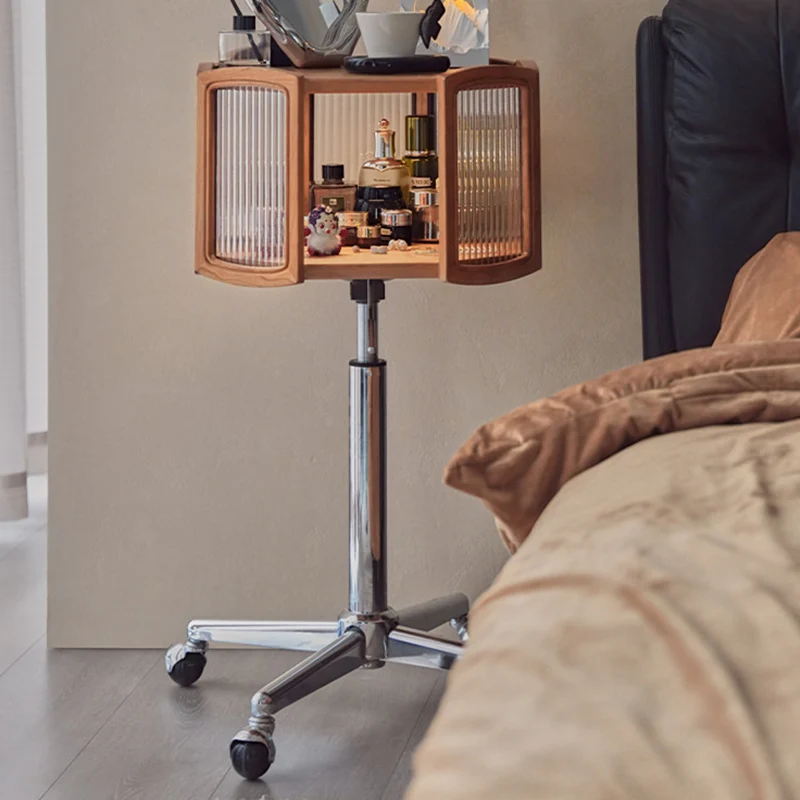 Traditional French Petal Cherry Wood Stainless Steel Striped Glass Liftable Movable Side Table 2-Layer For Living Room