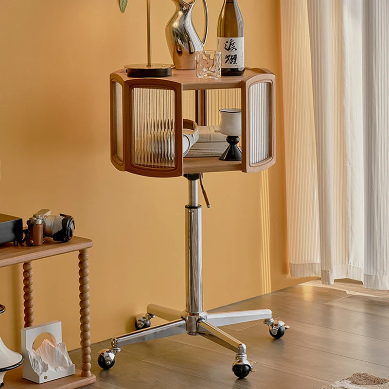Traditional French Petal Cherry Wood Stainless Steel Striped Glass Liftable Movable Side Table 2-Layer For Living Room