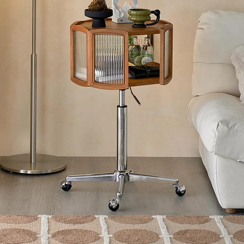 Traditional French Petal Cherry Wood Stainless Steel Striped Glass Liftable Movable Side Table 2-Layer For Living Room