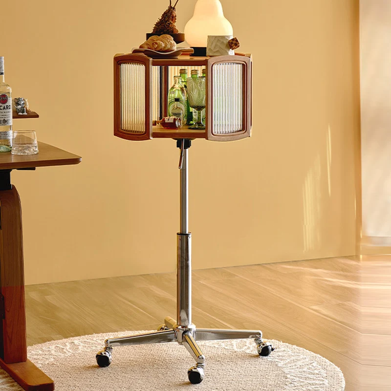 Traditional French Petal Cherry Wood Stainless Steel Striped Glass Liftable Movable Side Table 2-Layer For Living Room
