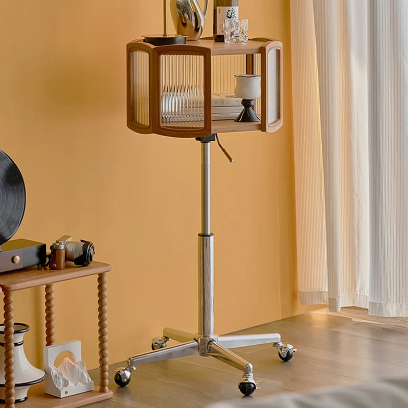 Traditional French Petal Cherry Wood Stainless Steel Striped Glass Liftable Movable Side Table 2-Layer For Living Room