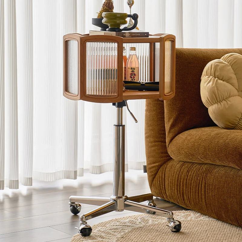Traditional French Petal Cherry Wood Stainless Steel Striped Glass Liftable Movable Side Table 2-Layer For Living Room