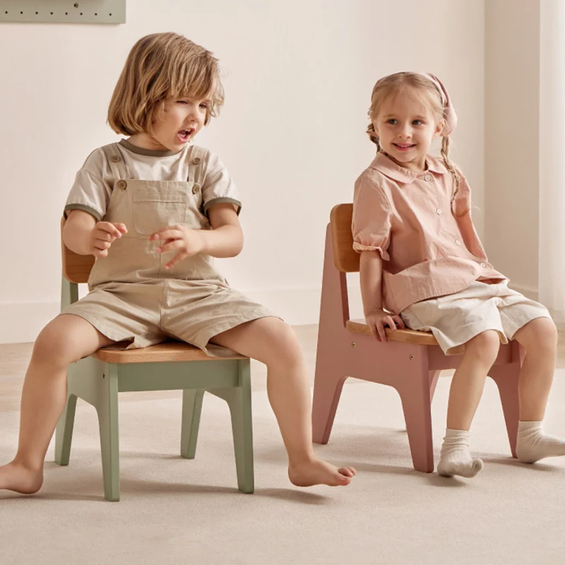 Contemporary Nordic Trapezoidal Durable Beech Wood Kids Low Stool Backrest Armless For Living Room