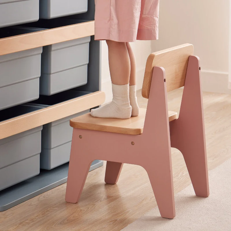 Contemporary Nordic Trapezoidal Durable Beech Wood Kids Low Stool Backrest Armless For Living Room