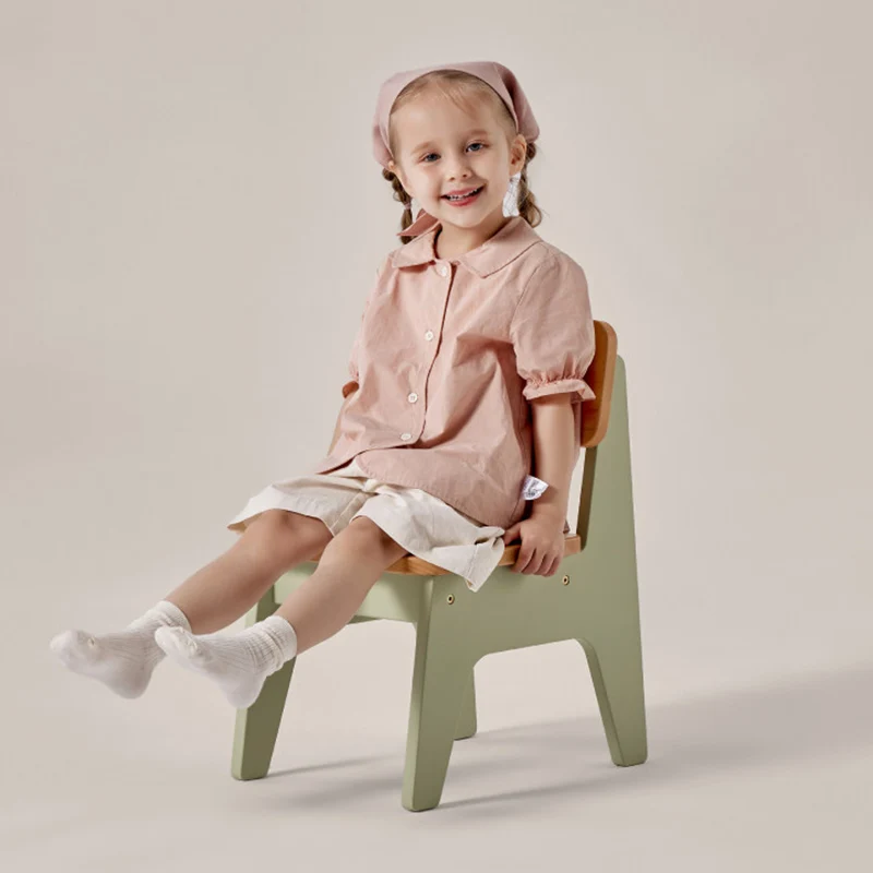 Contemporary Nordic Trapezoidal Durable Beech Wood Kids Low Stool Backrest Armless For Living Room