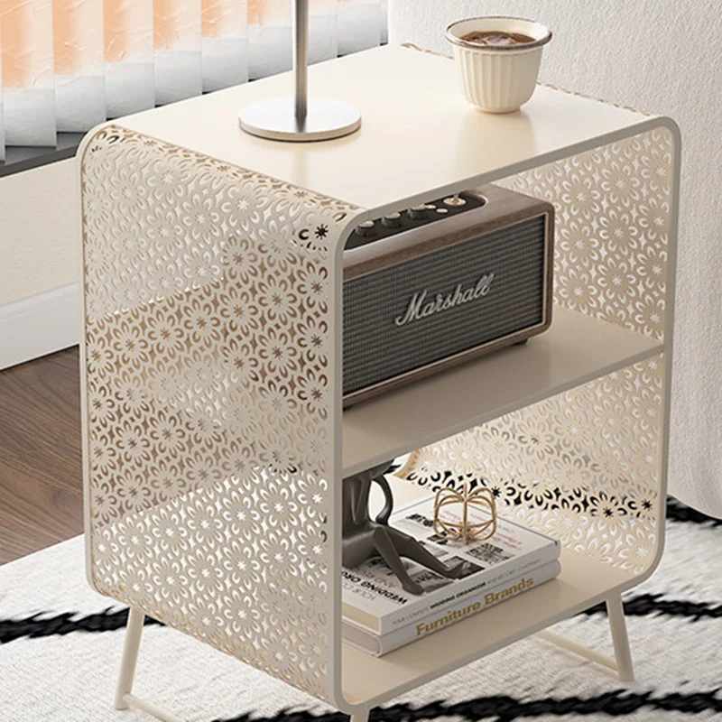 Contemporary Industrial Rounded Rectangle Iron Lightweight Hollowed-Out Petal Pattern End Table 2-Tier For Living Room