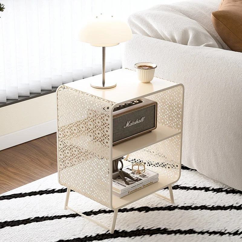 Contemporary Industrial Rounded Rectangle Iron Lightweight Hollowed-Out Petal Pattern End Table 2-Tier For Living Room