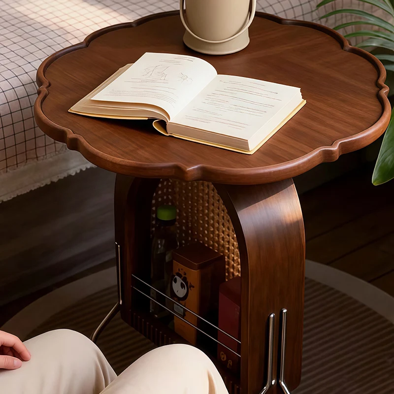 Traditional French Petal Arch Rubberwood Stainless Steel PE Rattan Weaving Movable End Table 2-Tier For Living Room