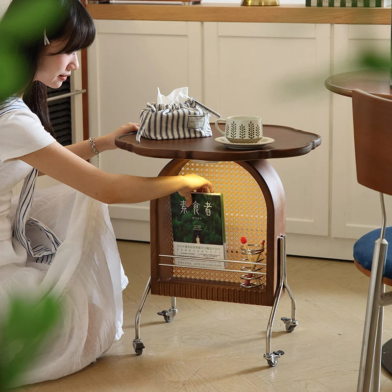 Traditional French Petal Arch Rubberwood Stainless Steel PE Rattan Weaving Movable End Table 2-Tier For Living Room