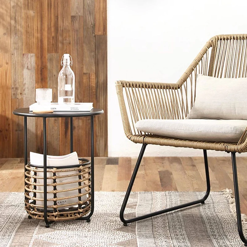Contemporary Industrial Cylindrical Carbon Steel PE Rattan Weaving Lightweight End Table 1-Basket For Living Room