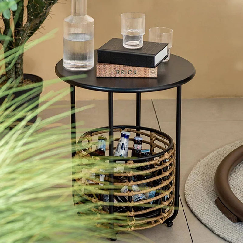 Contemporary Industrial Cylindrical Carbon Steel PE Rattan Weaving Lightweight End Table 1-Basket For Living Room