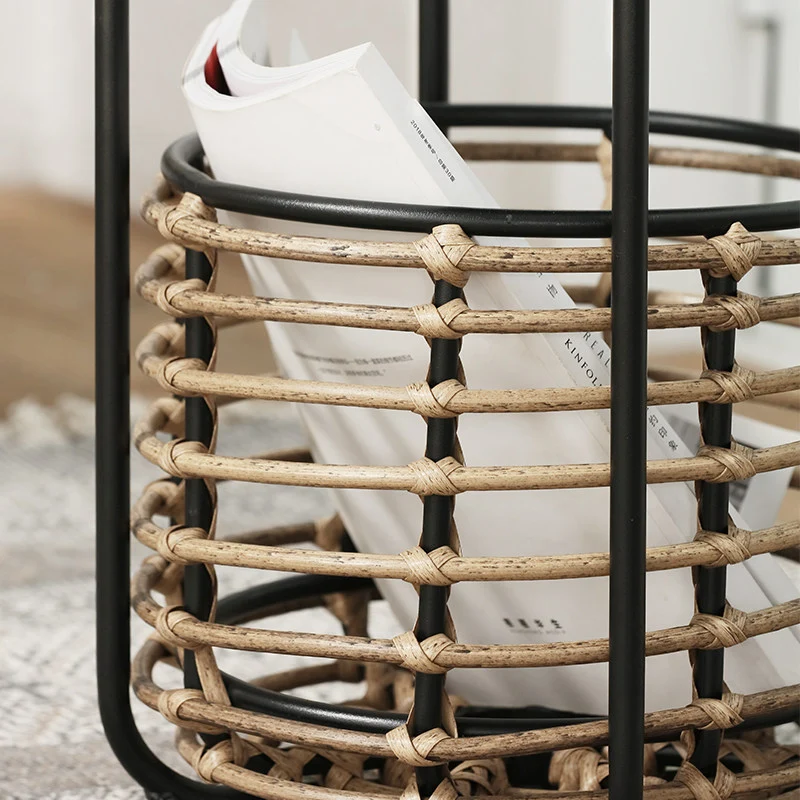 Contemporary Industrial Cylindrical Carbon Steel PE Rattan Weaving Lightweight End Table 1-Basket For Living Room