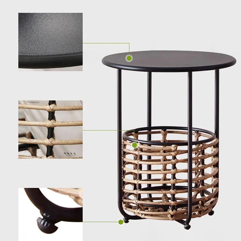 Contemporary Industrial Cylindrical Carbon Steel PE Rattan Weaving Lightweight End Table 1-Basket For Living Room