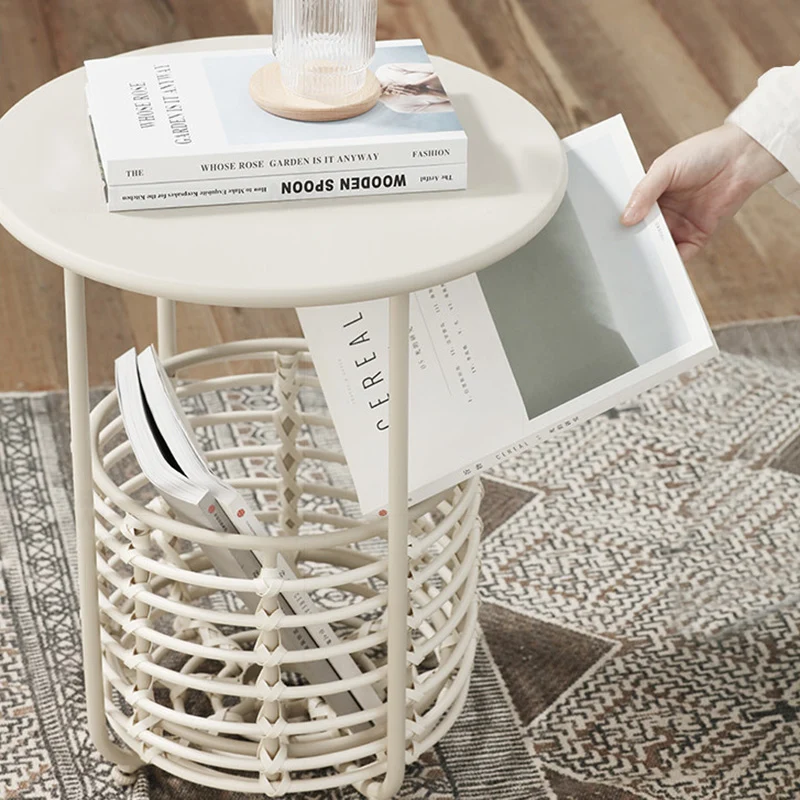 Contemporary Industrial Cylindrical Carbon Steel PE Rattan Weaving Lightweight End Table 1-Basket For Living Room