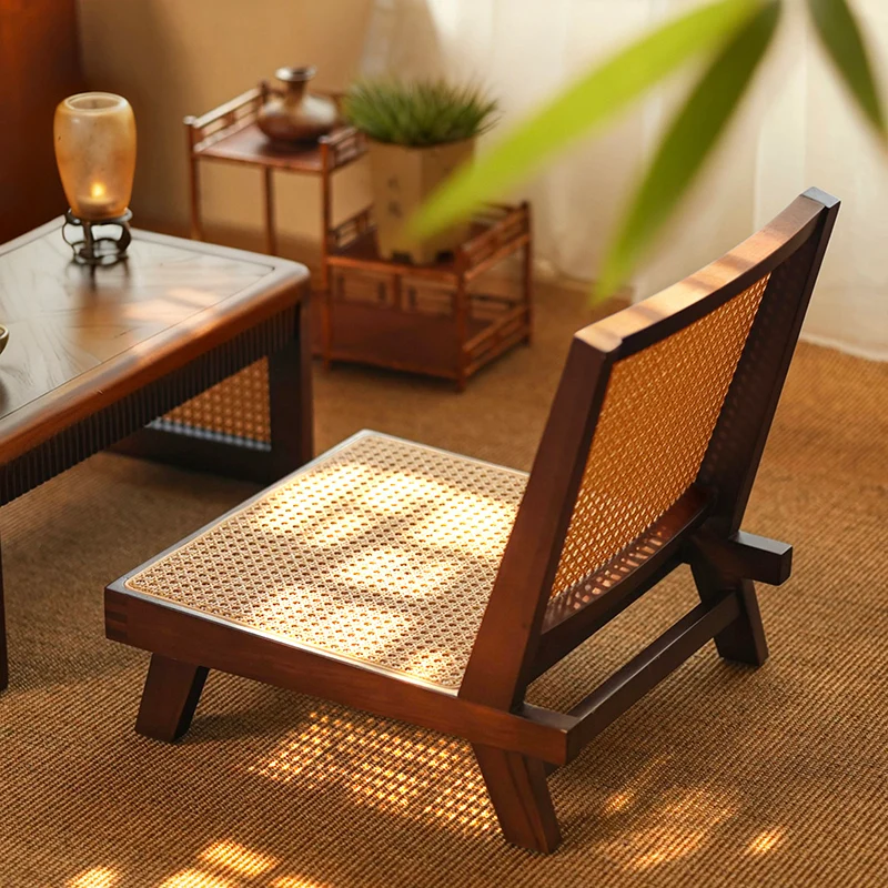 Traditional Rustic Rectangular Rubberwood Faux Rattan Weaving Lightweight Ergonomic Design Low Stool Backrest For Living Room