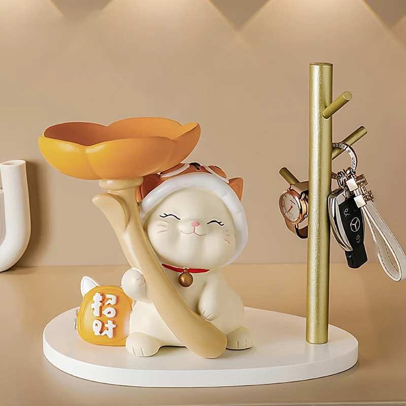 Contemporary Creative Resin Solid Wood Bunny Cat Table Decor With Jewelry Hanger For Living Room & Entryway