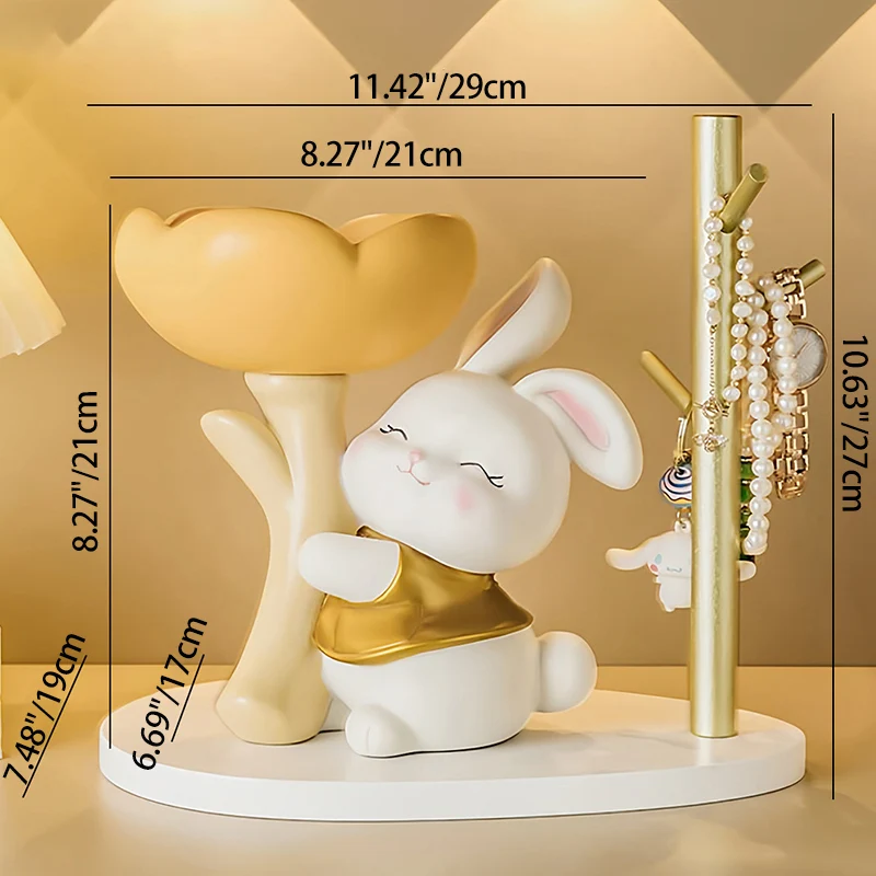 Contemporary Creative Resin Solid Wood Bunny Cat Table Decor With Jewelry Hanger For Living Room & Entryway