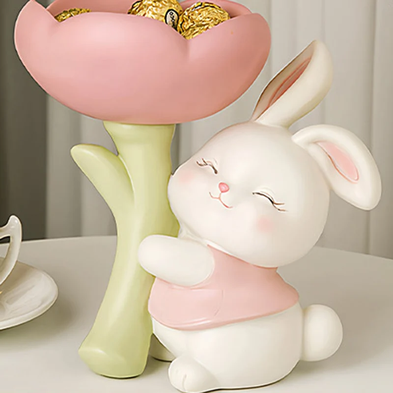 Contemporary Creative Resin Solid Wood Bunny Cat Table Decor With Jewelry Hanger For Living Room & Entryway