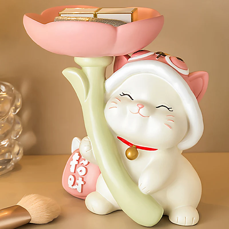 Contemporary Creative Resin Solid Wood Bunny Cat Table Decor With Jewelry Hanger For Living Room & Entryway