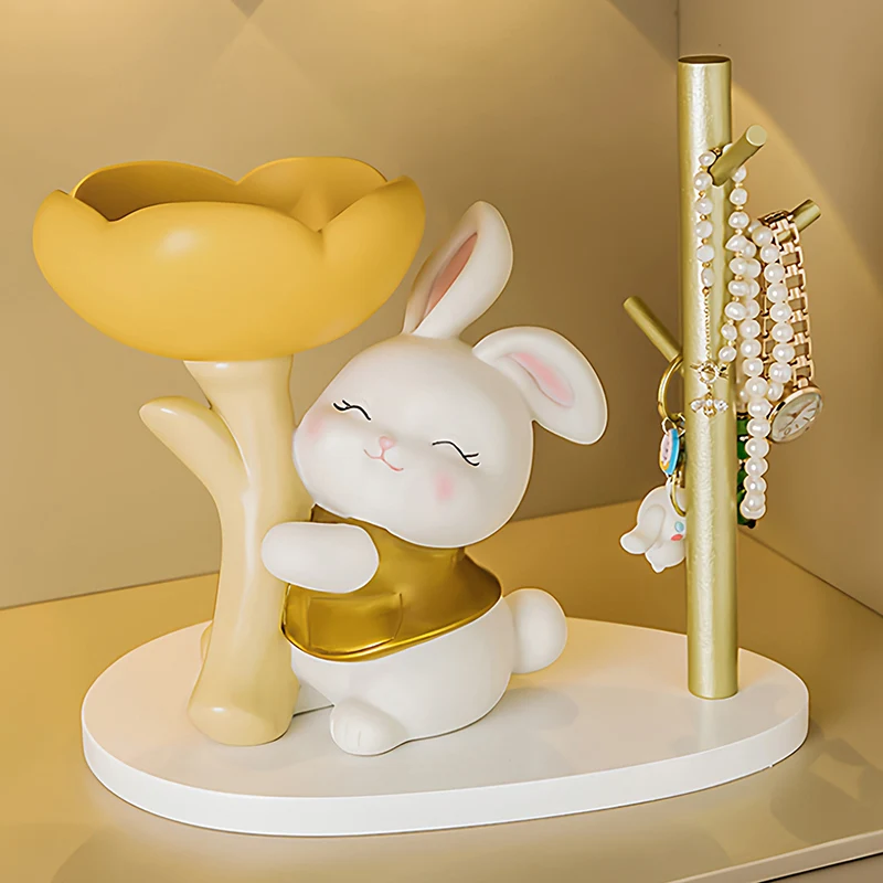 Contemporary Creative Resin Solid Wood Bunny Cat Table Decor With Jewelry Hanger For Living Room & Entryway