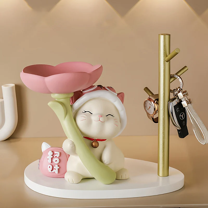 Contemporary Creative Resin Solid Wood Bunny Cat Table Decor With Jewelry Hanger For Living Room & Entryway