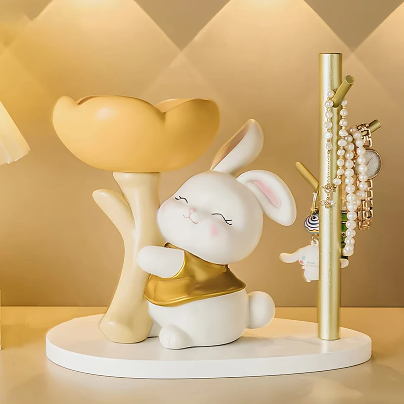 Contemporary Creative Resin Solid Wood Bunny Cat Table Decor With Jewelry Hanger For Living Room & Entryway