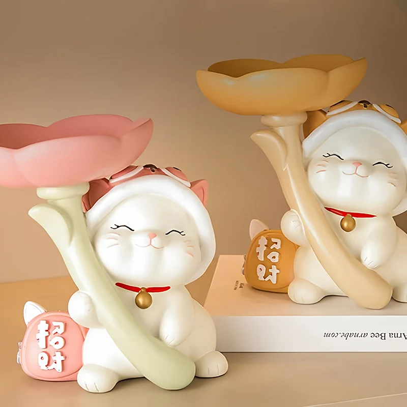 Contemporary Creative Resin Solid Wood Bunny Cat Table Decor With Jewelry Hanger For Living Room & Entryway
