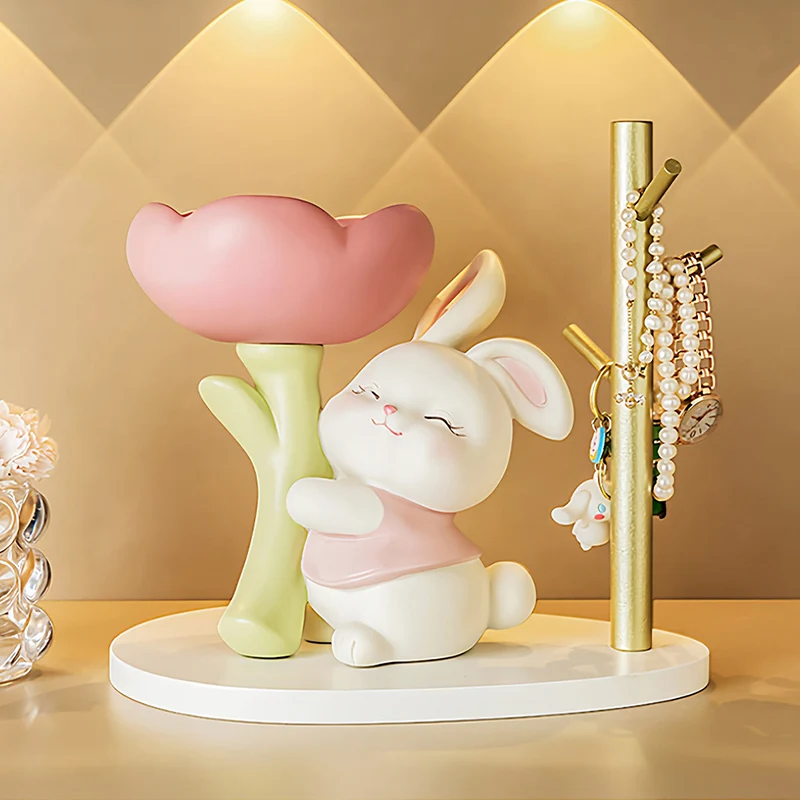 Contemporary Creative Resin Solid Wood Bunny Cat Table Decor With Jewelry Hanger For Living Room & Entryway