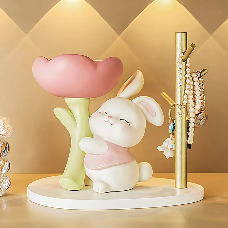 Contemporary Creative Resin Solid Wood Bunny Cat Table Decor With Jewelry Hanger For Living Room & Entryway