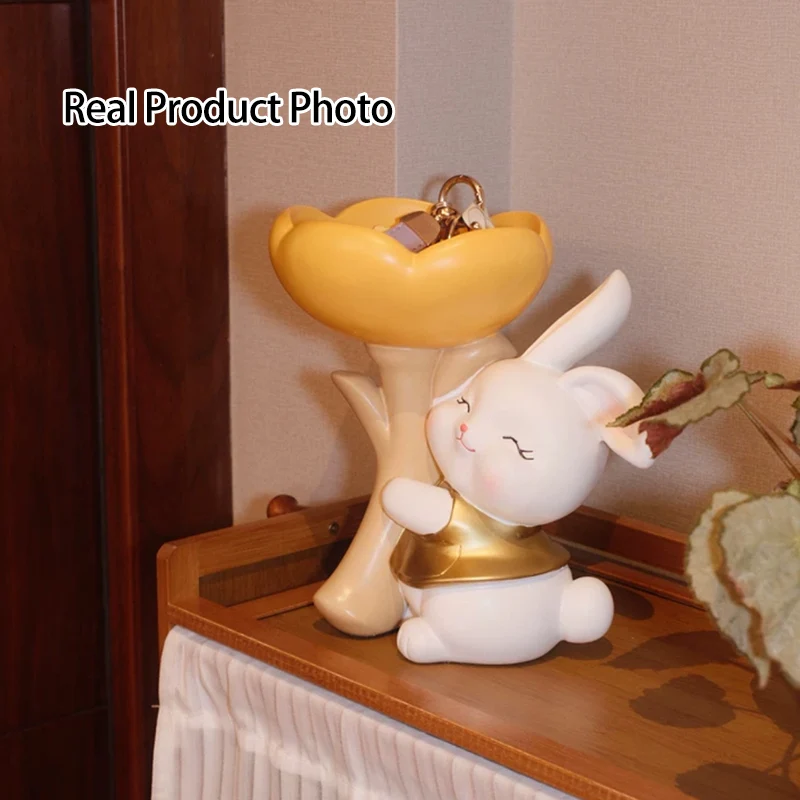 Contemporary Creative Resin Solid Wood Bunny Cat Table Decor With Jewelry Hanger For Living Room & Entryway