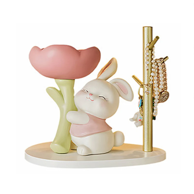 Contemporary Creative Resin Solid Wood Bunny Cat Table Decor With Jewelry Hanger For Living Room & Entryway