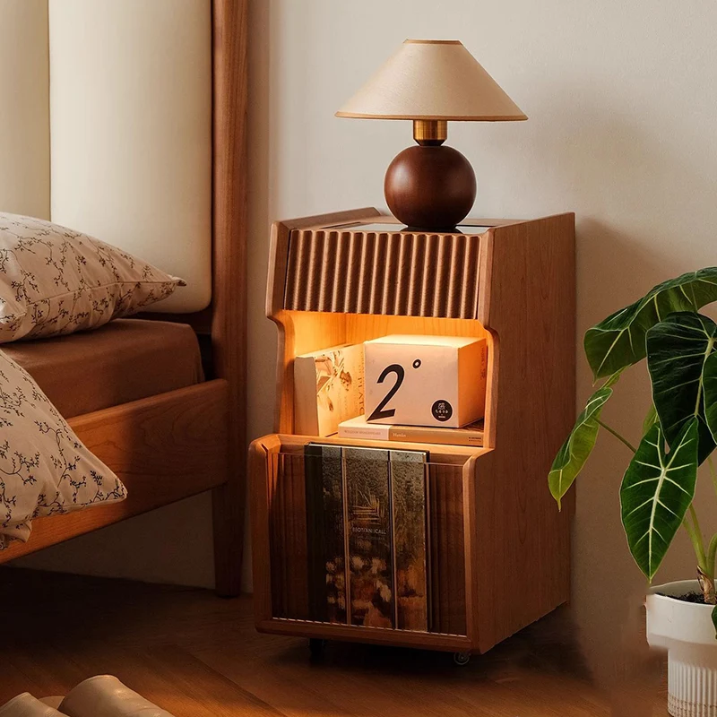 Traditional Japanese Cherry Wood Glass Square Movable Nightstand Drawer Storage Shelf For Bedroom